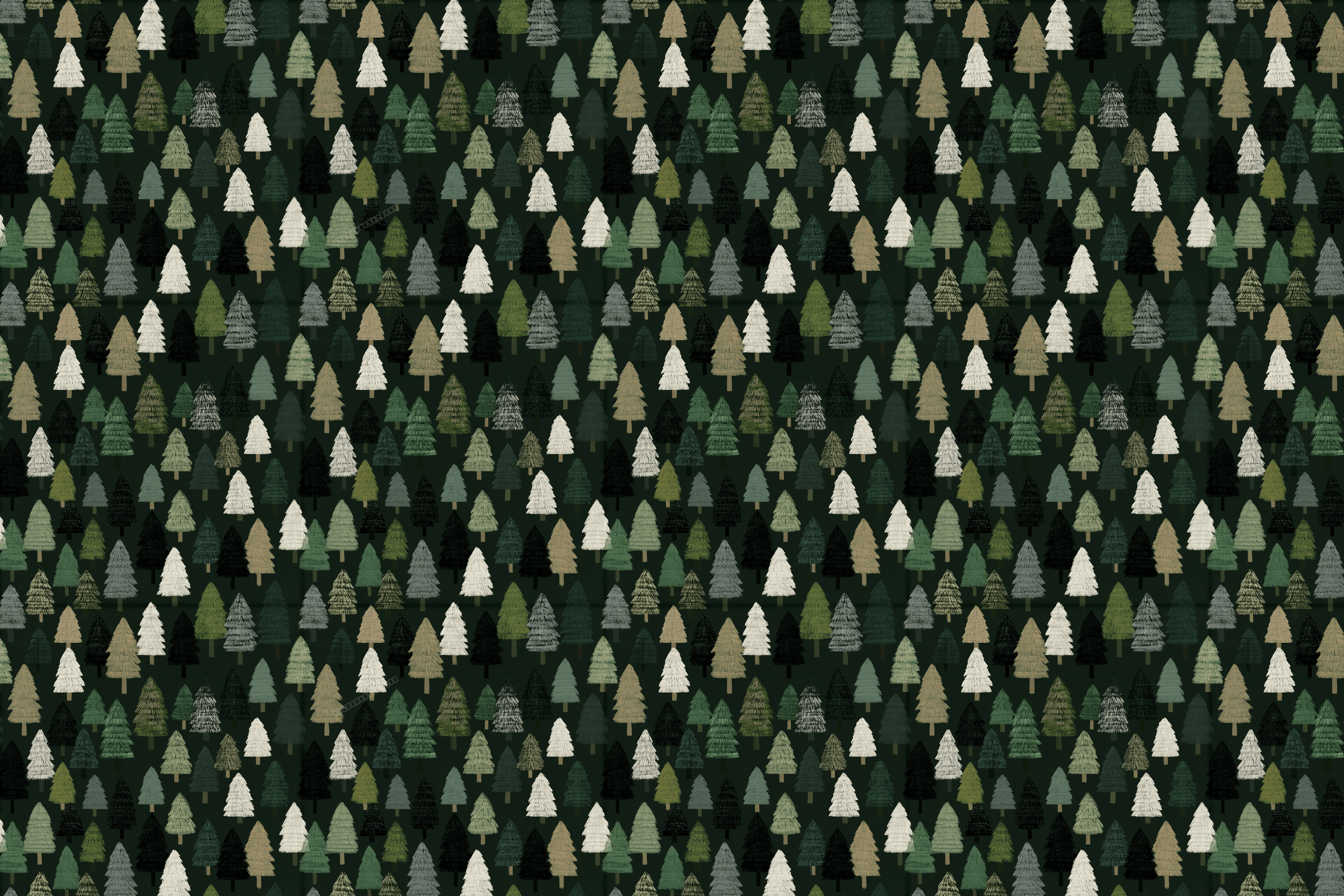 Seamless evergreen forest pattern with hand-drawn pine trees in green, cream, and white on a dark background.