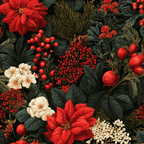 Vintage botanical floral pattern with red poinsettias, white flowers, and winter berries on dark foliage.