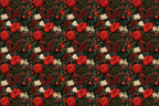 Vintage botanical floral pattern with red poinsettias, white blossoms, and winter berries on dark green foliage.