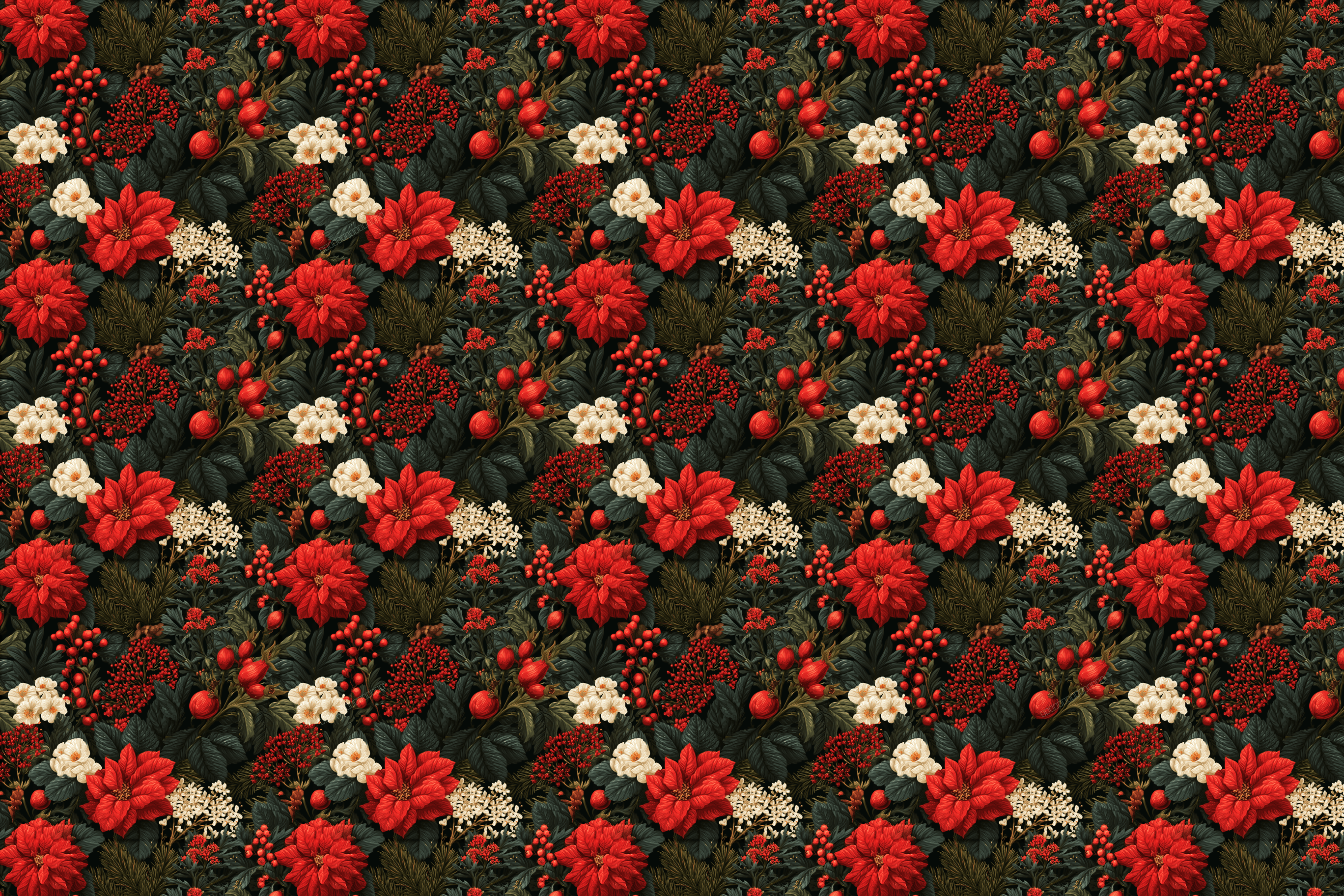 Vintage botanical floral pattern with red poinsettias, white blossoms, and winter berries on dark green foliage.