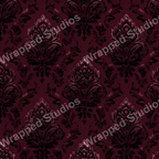 Elegant maroon damask pattern with stylized floral and foliage motifs.