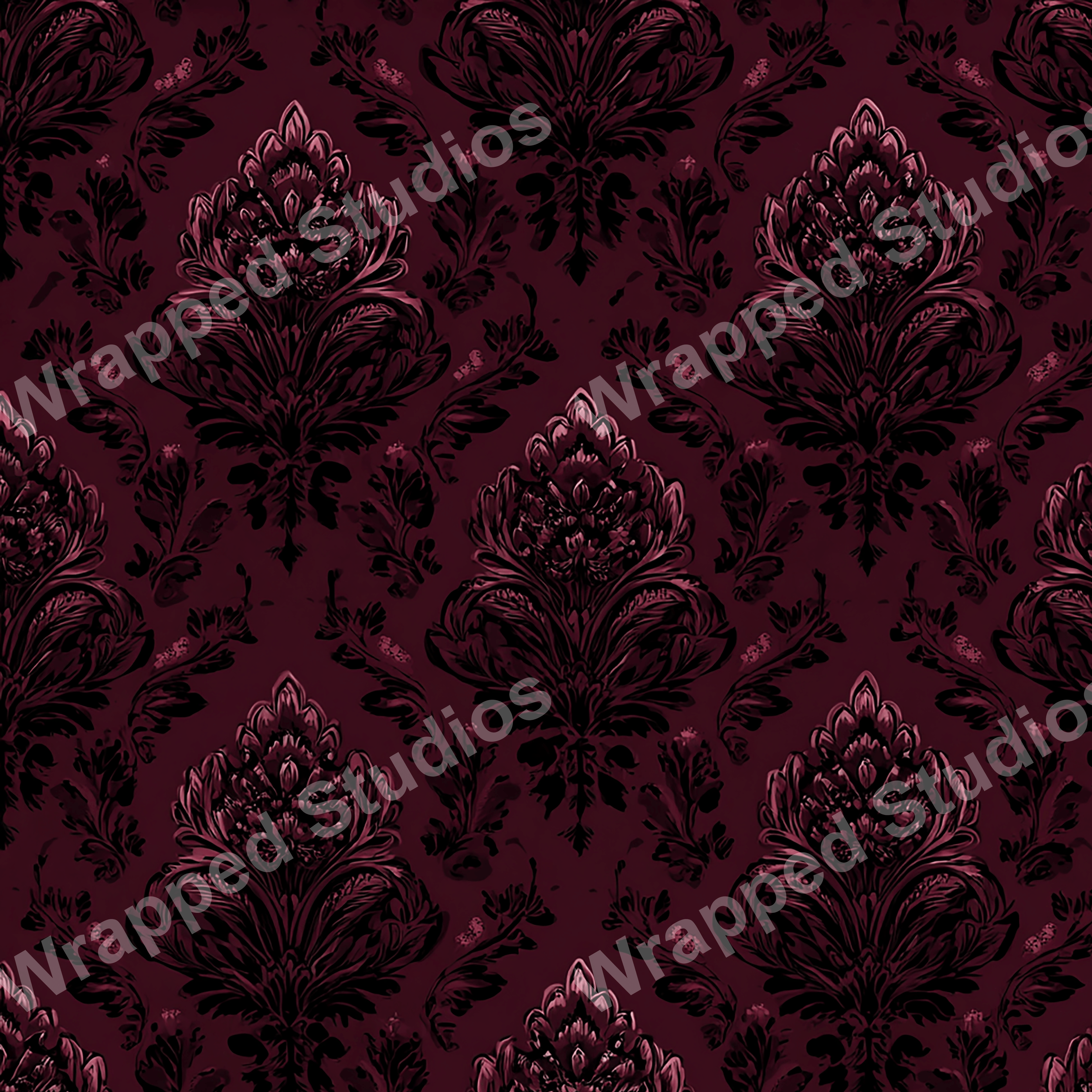 Elegant maroon damask pattern with stylized floral and foliage motifs.