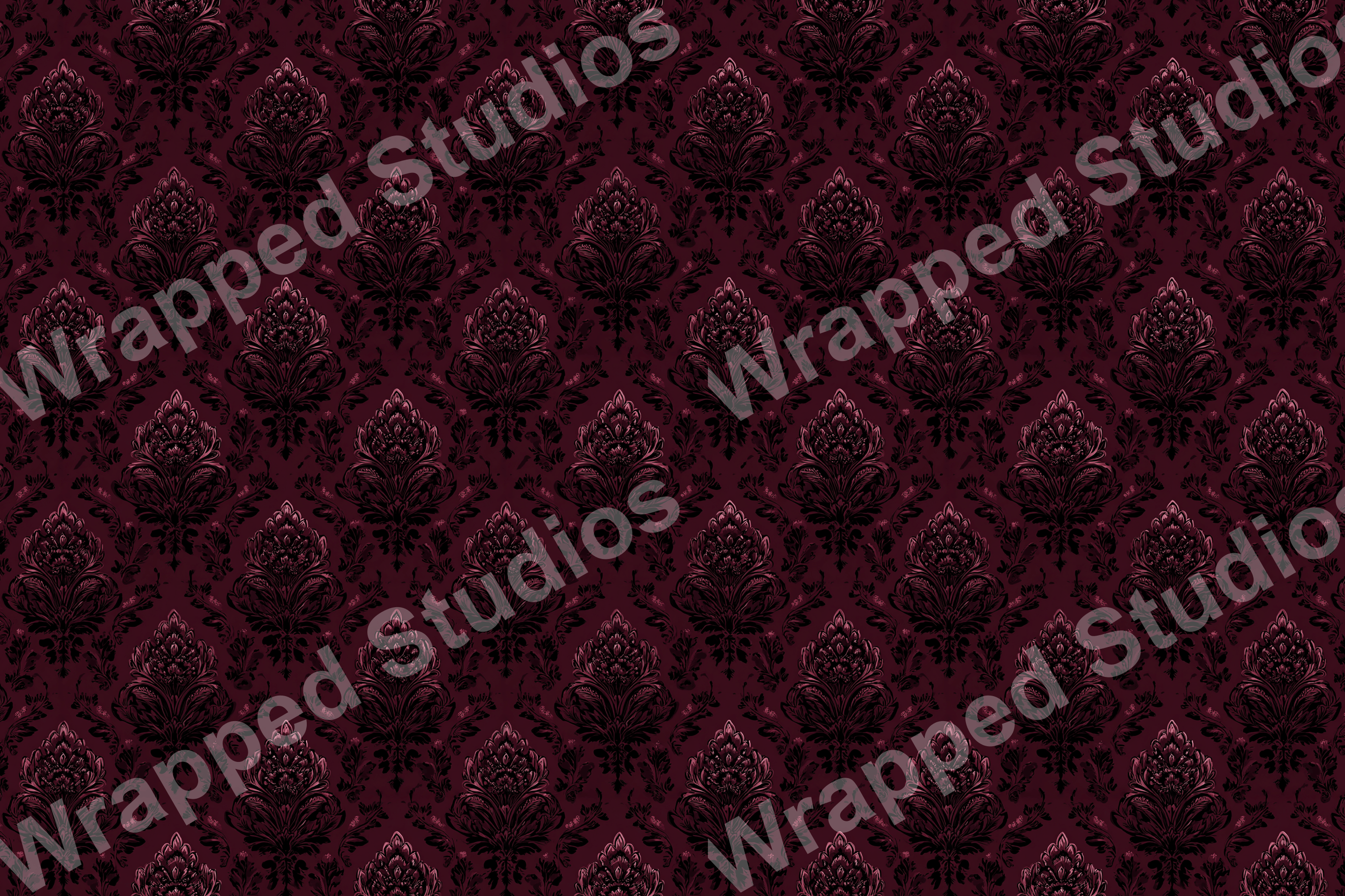 Elegant damask pattern with floral flourishes in dark burgundy and black.