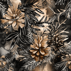 Watercolor floral pattern with pinecones and branches in brown, black, and white hues.