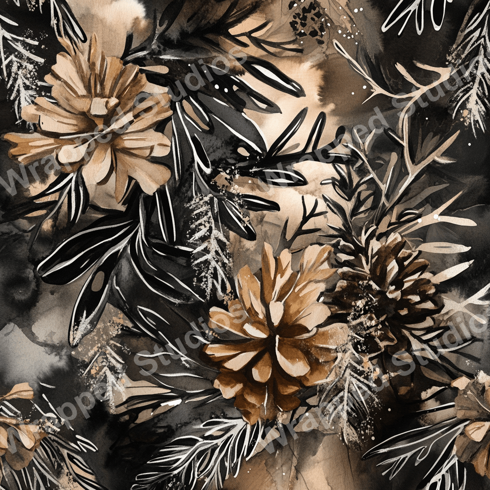 Watercolor floral pattern with pinecones and branches in brown, black, and white hues.
