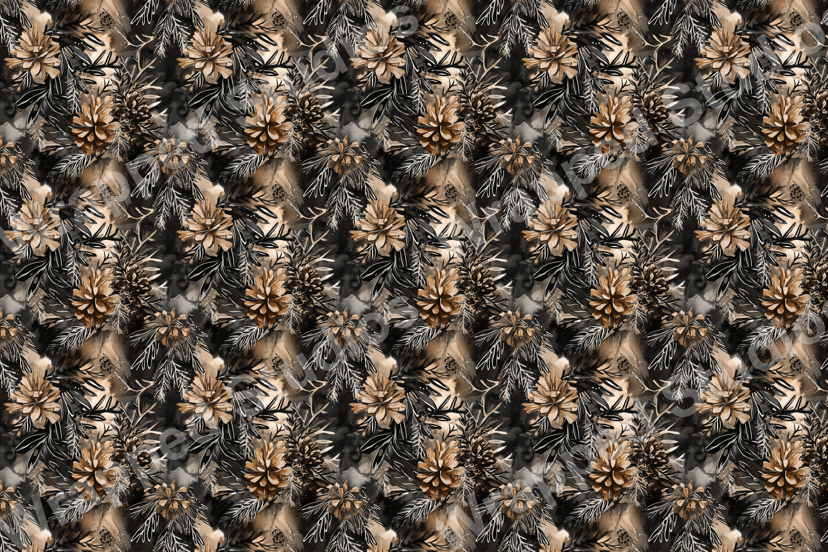 Seamless botanical pattern with pinecones, twigs, and leaves in sepia and dark gray hues.