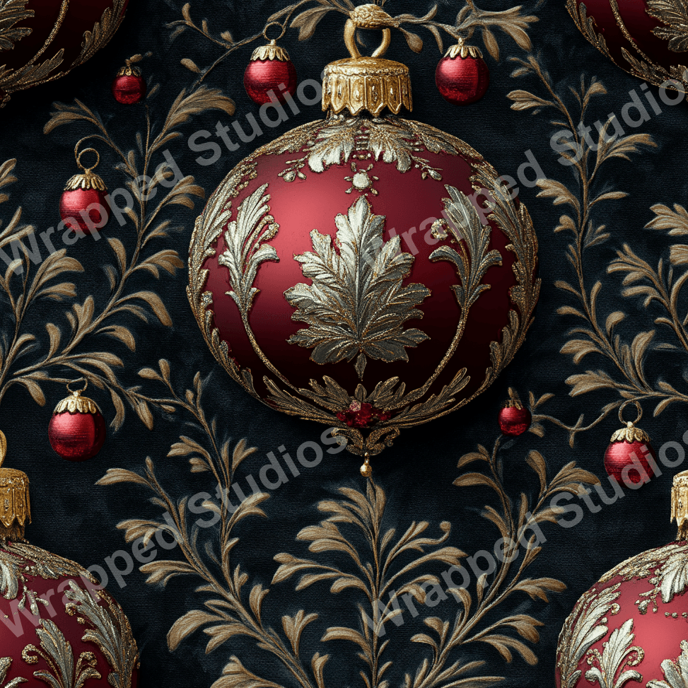 Elegant holiday pattern with red ornaments and gold floral accents on a dark background.
