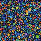 Playful abstract pattern with colorful overlapping circles on a dark background.