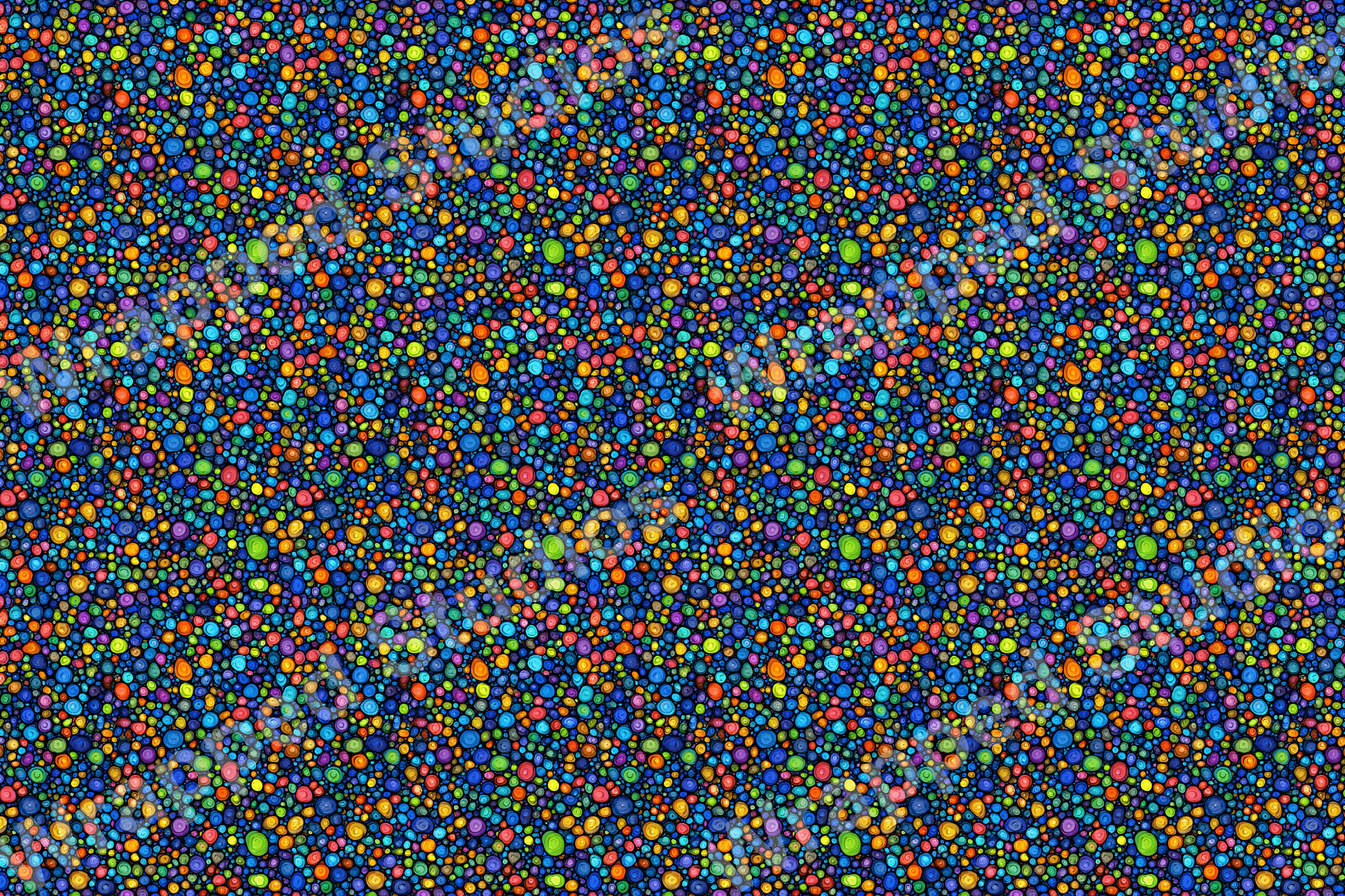 Colorful abstract dot pattern with blue, green, orange, yellow, and purple circles on a dark background.
