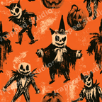 Spooky vintage Halloween pattern with hand-drawn grunge skeletons and pumpkins on an orange background.