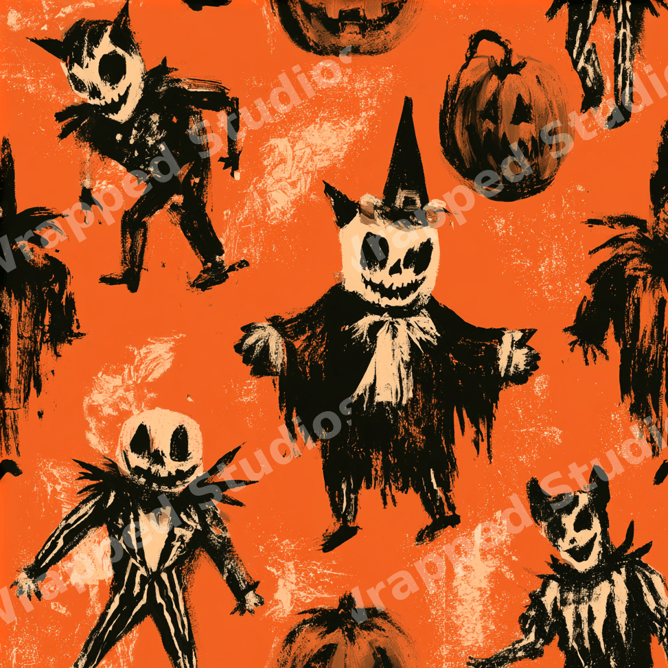 Spooky vintage Halloween pattern with hand-drawn grunge skeletons and pumpkins on an orange background.