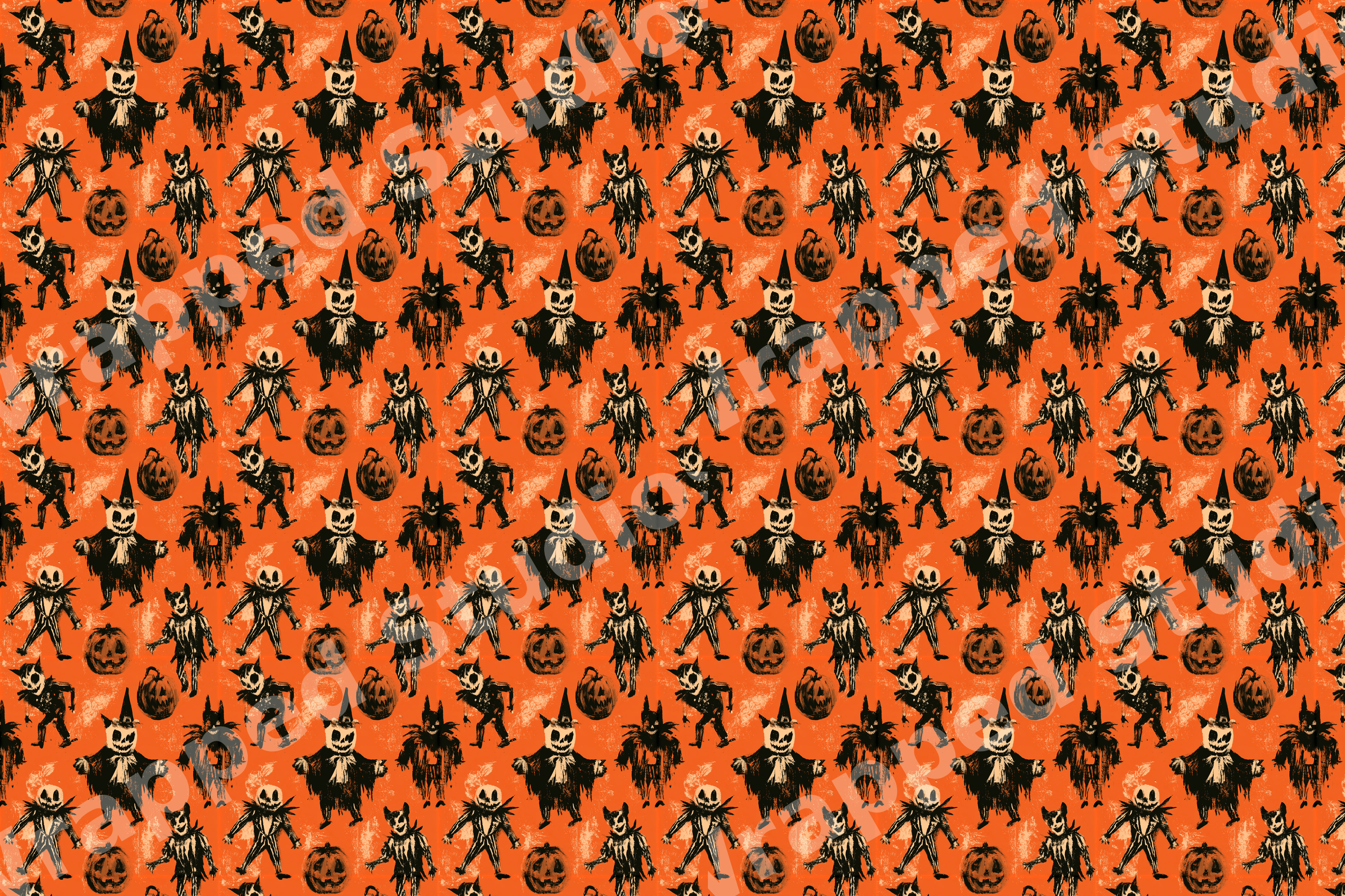 Spooky vintage Halloween pattern featuring retro hand-drawn skeletons, scarecrows, and pumpkins on orange.