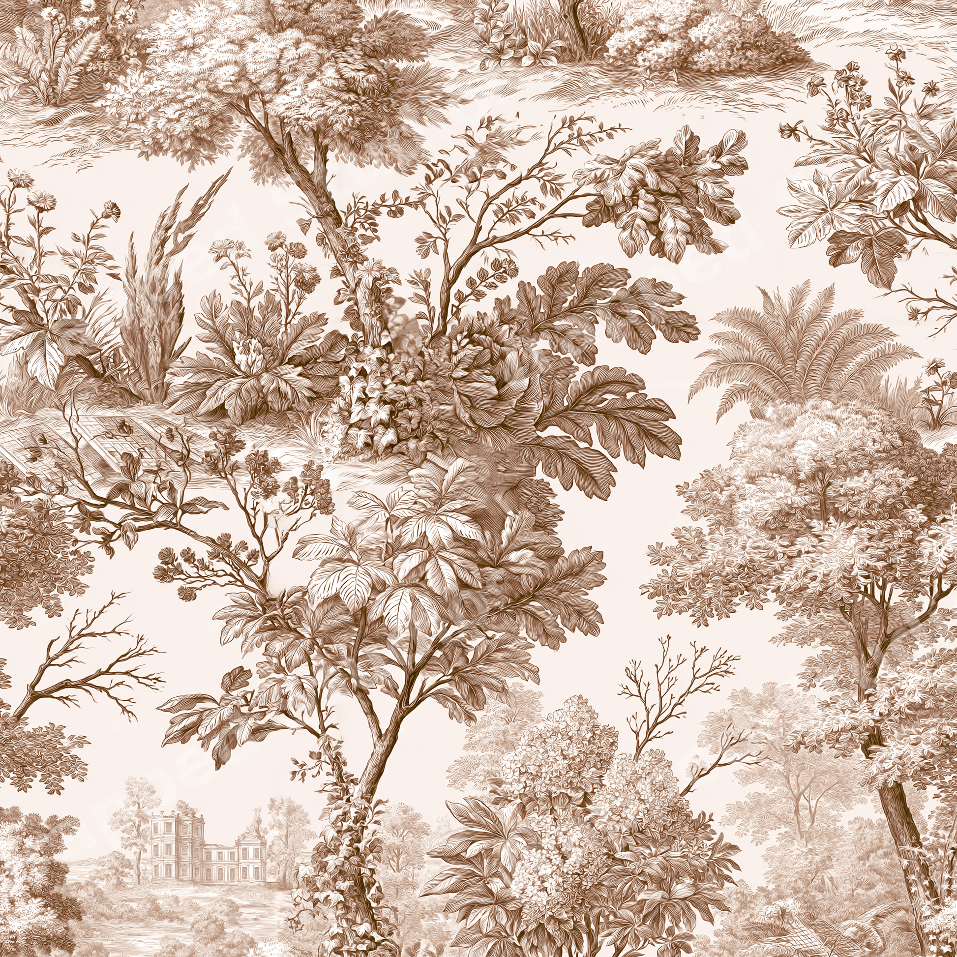 Vintage sepia toile de Jouy pattern featuring botanical trees and a rustic landscape illustration on cream.