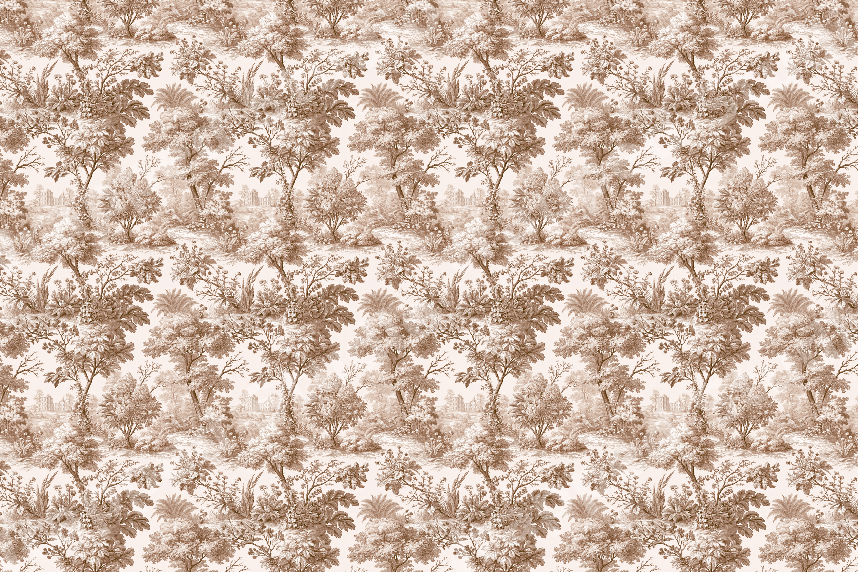 Vintage sepia toile de Jouy pattern featuring a classic botanical forest and woodland landscape design.