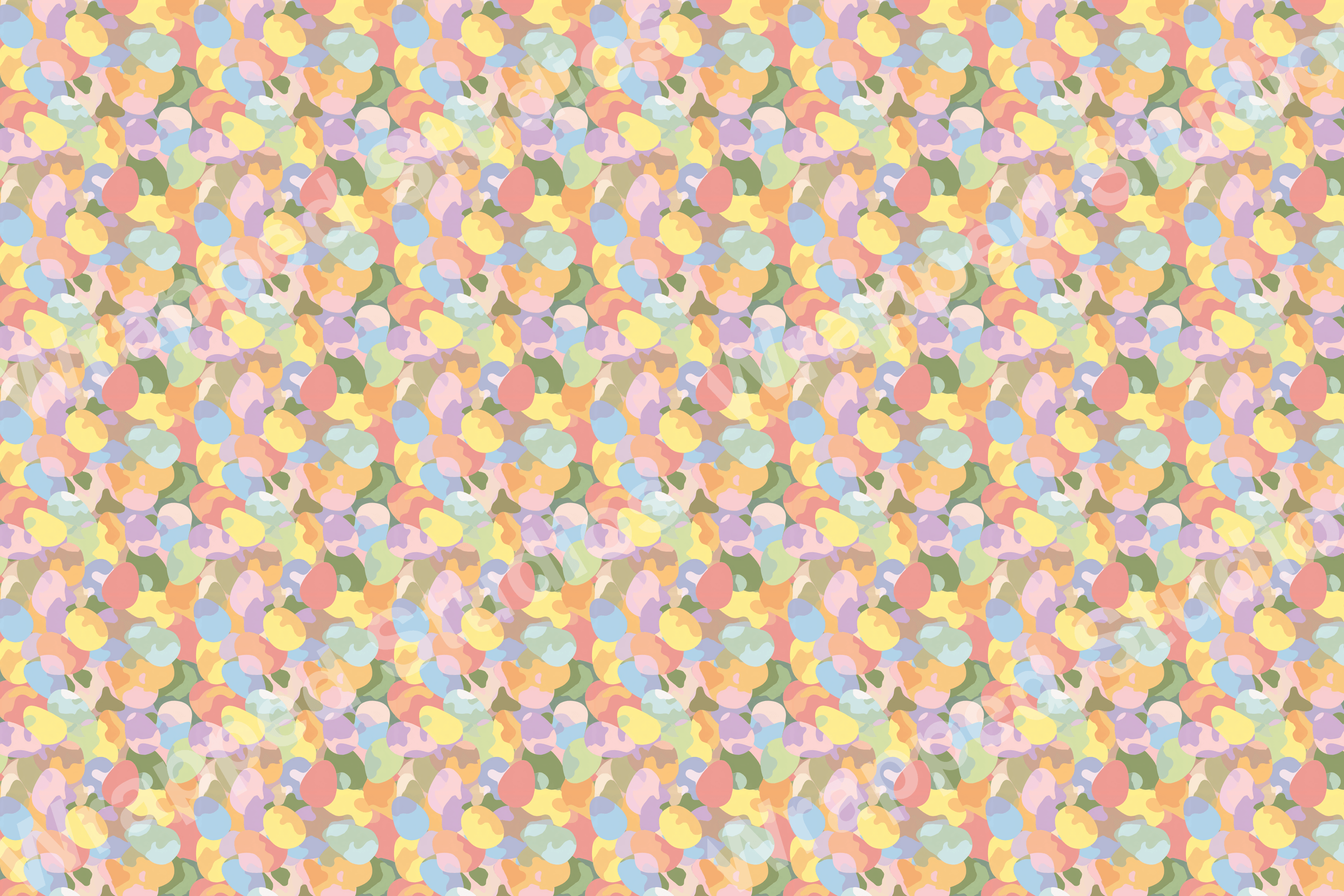 Playful abstract pattern with pastel hues of pink, blue, yellow, and green creates a cheerful, whimsical design.