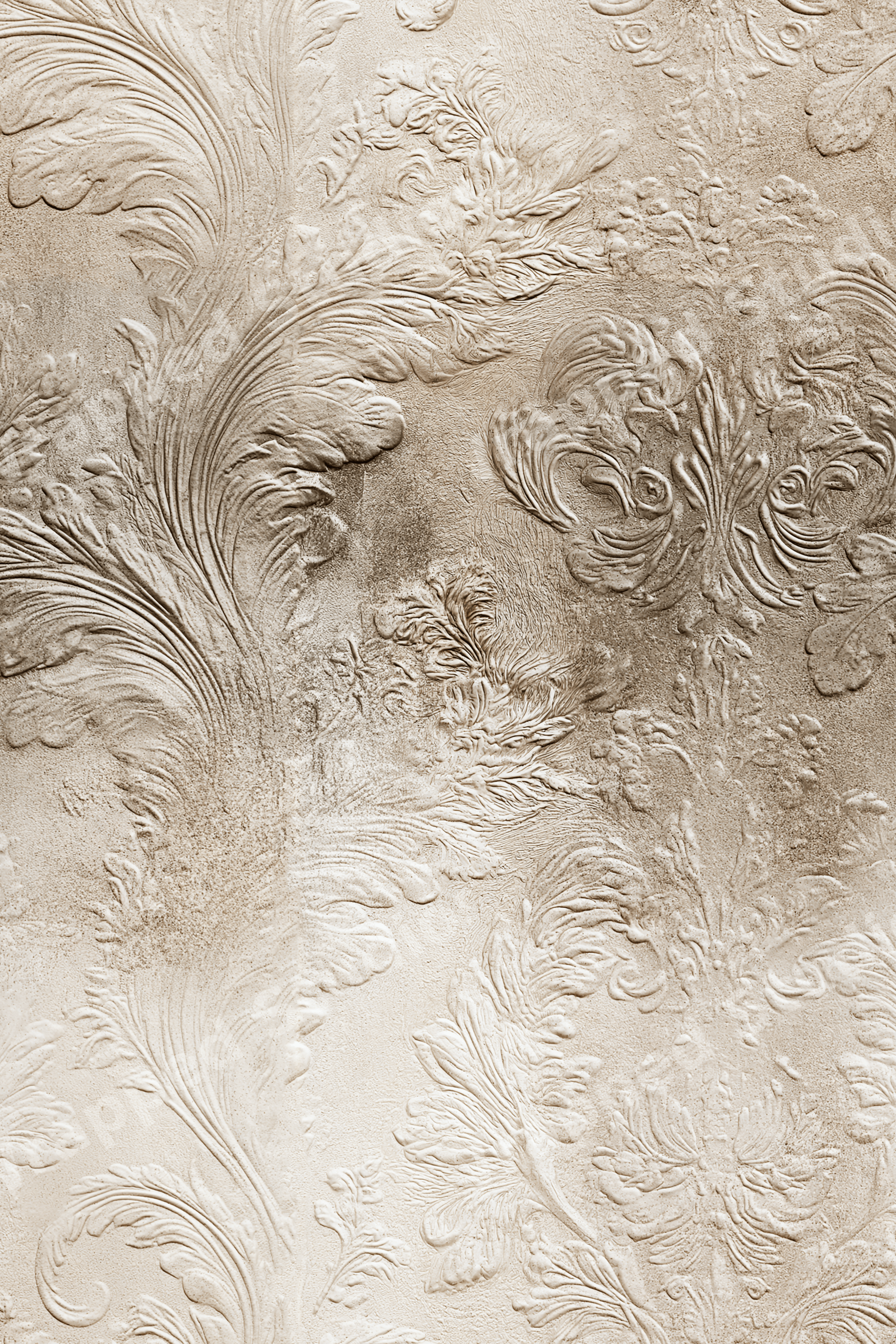 Elegant vintage botanical design featuring embossed plaster acanthus leaves in a warm beige texture.