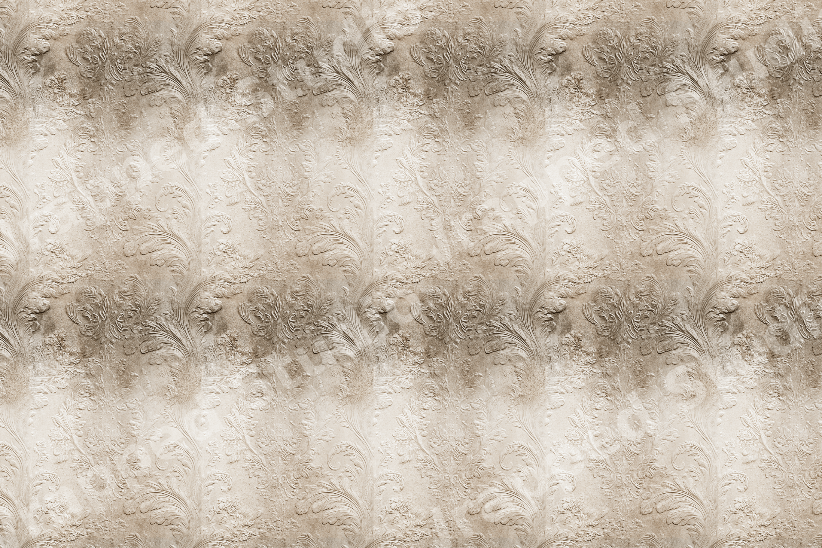 Vintage damask pattern with elegant embossed acanthus leaf scrolls in neutral beige and cream tones.