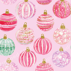 Watercolor Christmas ornament pattern with pink and pastel holiday baubles on a light pink background.