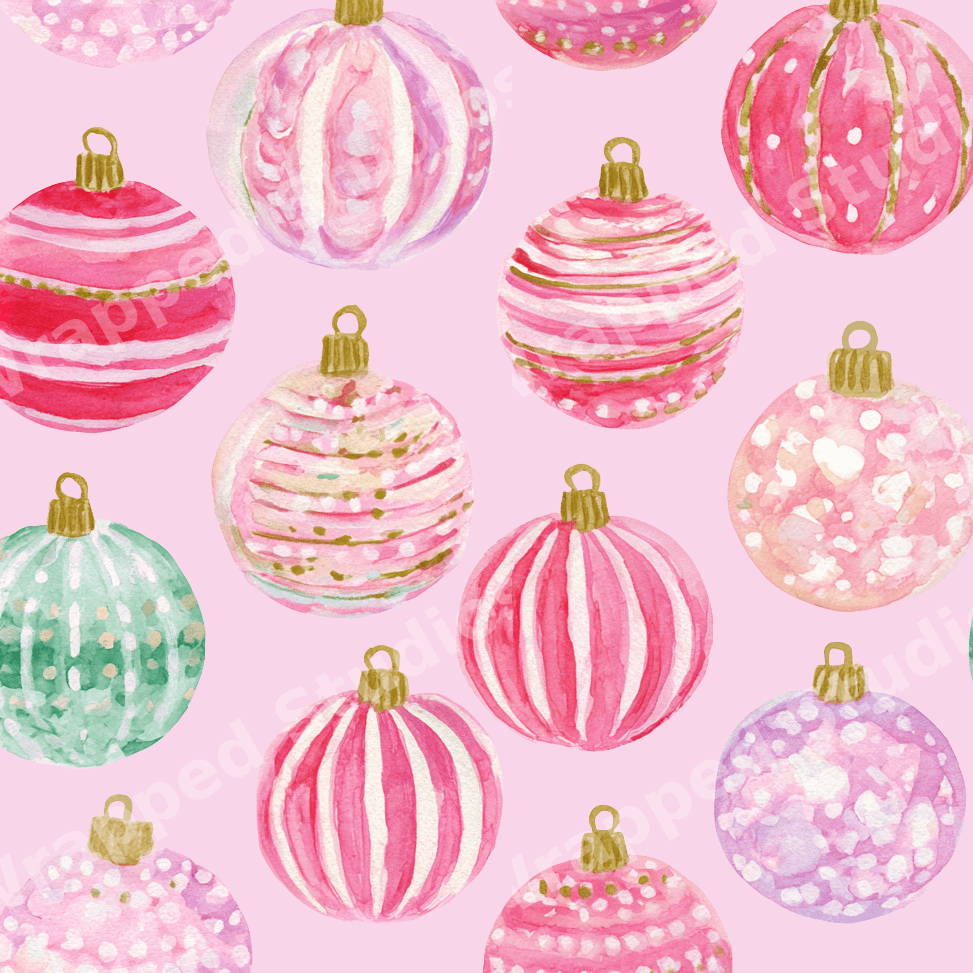 Watercolor Christmas ornament pattern with pink and pastel holiday baubles on a light pink background.