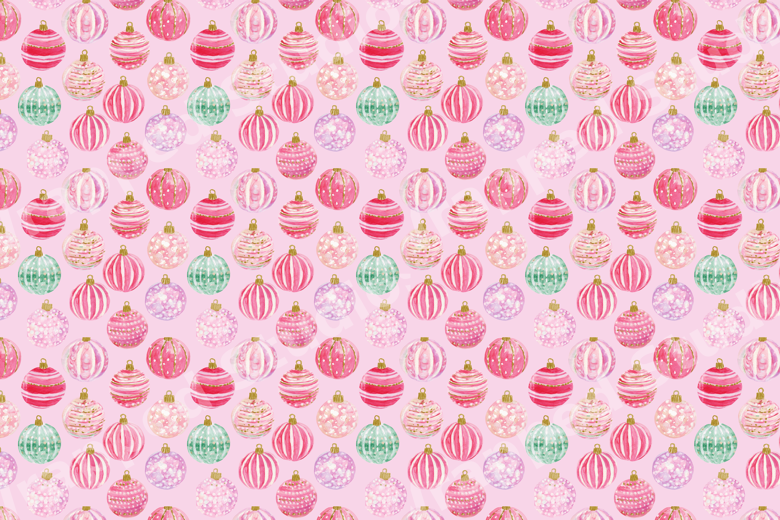 Pastel watercolor Christmas ornament pattern with pink, green, and gold baubles on a light pink background.