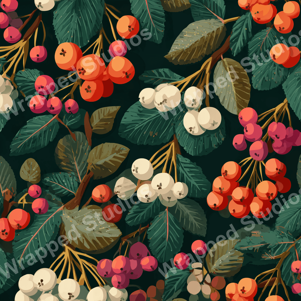 Seamless botanical pattern with rowan berries and leaves in a vintage style on a dark teal background.