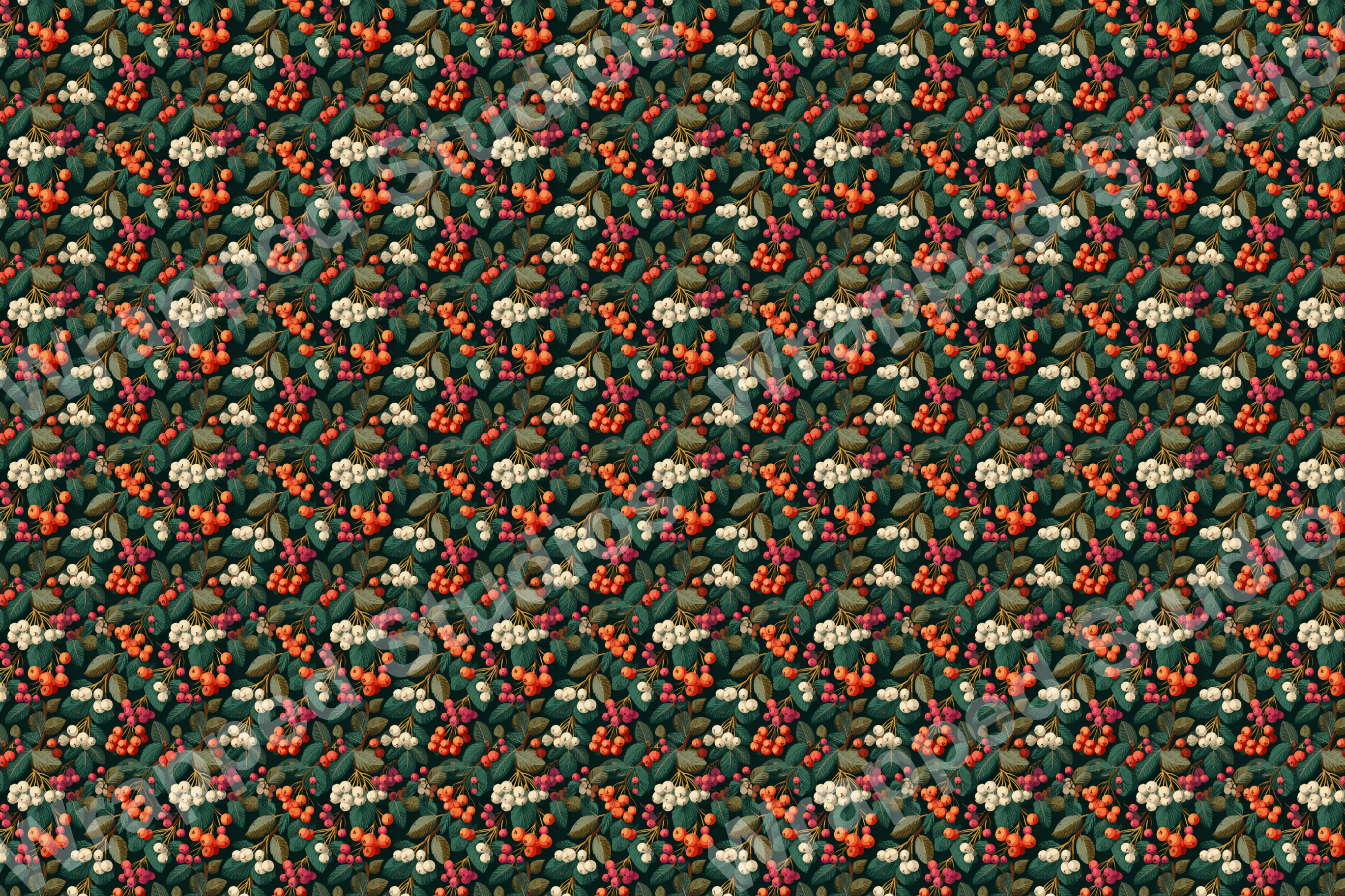 Dense botanical pattern with red, white, and pink berries amid green foliage on dark backdrop.