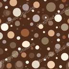 Playful polka dot pattern in chocolate brown, beige, olive, and rust tones.
