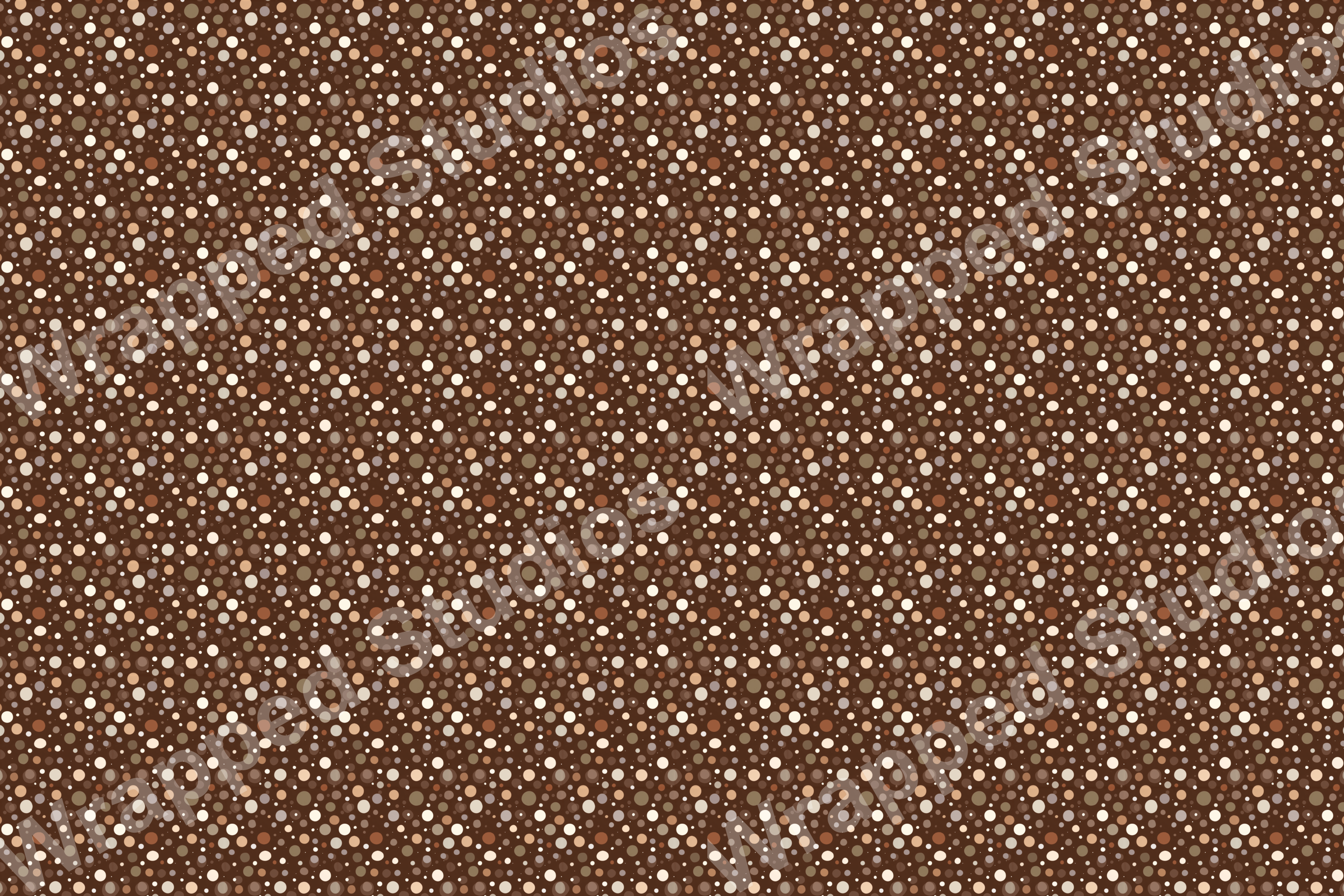 Seamless modern polka dot pattern with brown, beige, and white confetti circles.
