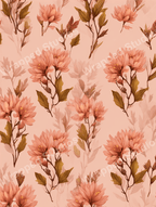 Elegant coral and peach floral pattern with dark olive leaves on a blush background, creating a romantic botanical design.