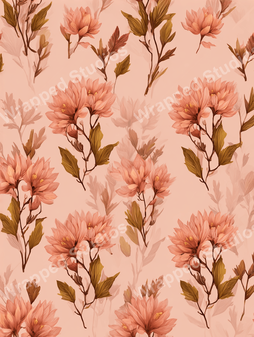 Elegant coral and peach floral pattern with dark olive leaves on a blush background, creating a romantic botanical design.
