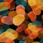 Modern abstract pattern with overlapping organic shapes in warm orange, red, and yellow tones, accented with teal.