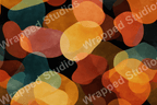 Organic abstract pattern with overlapping translucent shapes in warm orange, red, and yellow tones, contrasted with deep teal.