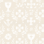 Elegant baptism and first communion pattern with watercolor white crosses, chalices, and laurel wreaths on beige.