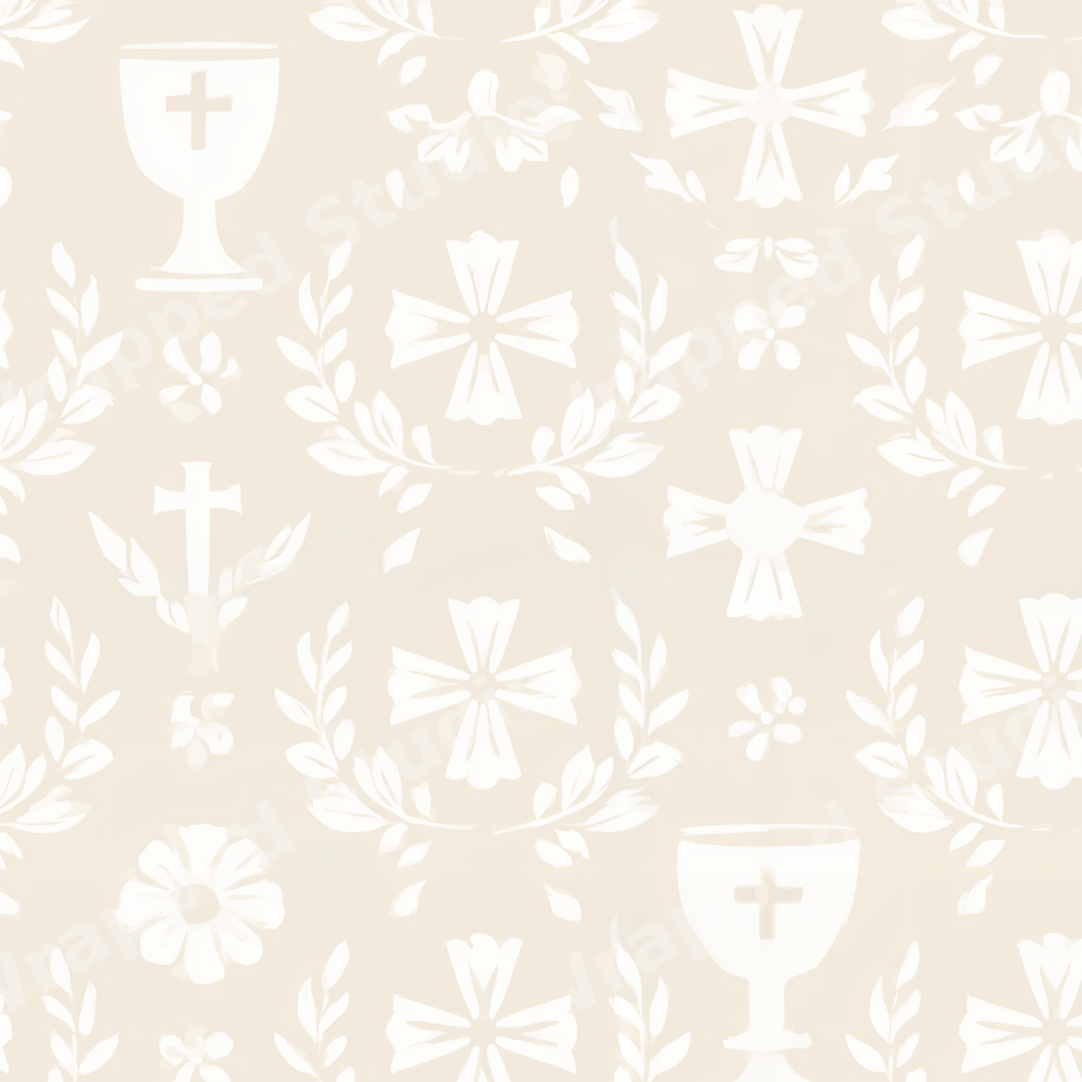 Elegant baptism and first communion pattern with watercolor white crosses, chalices, and laurel wreaths on beige.