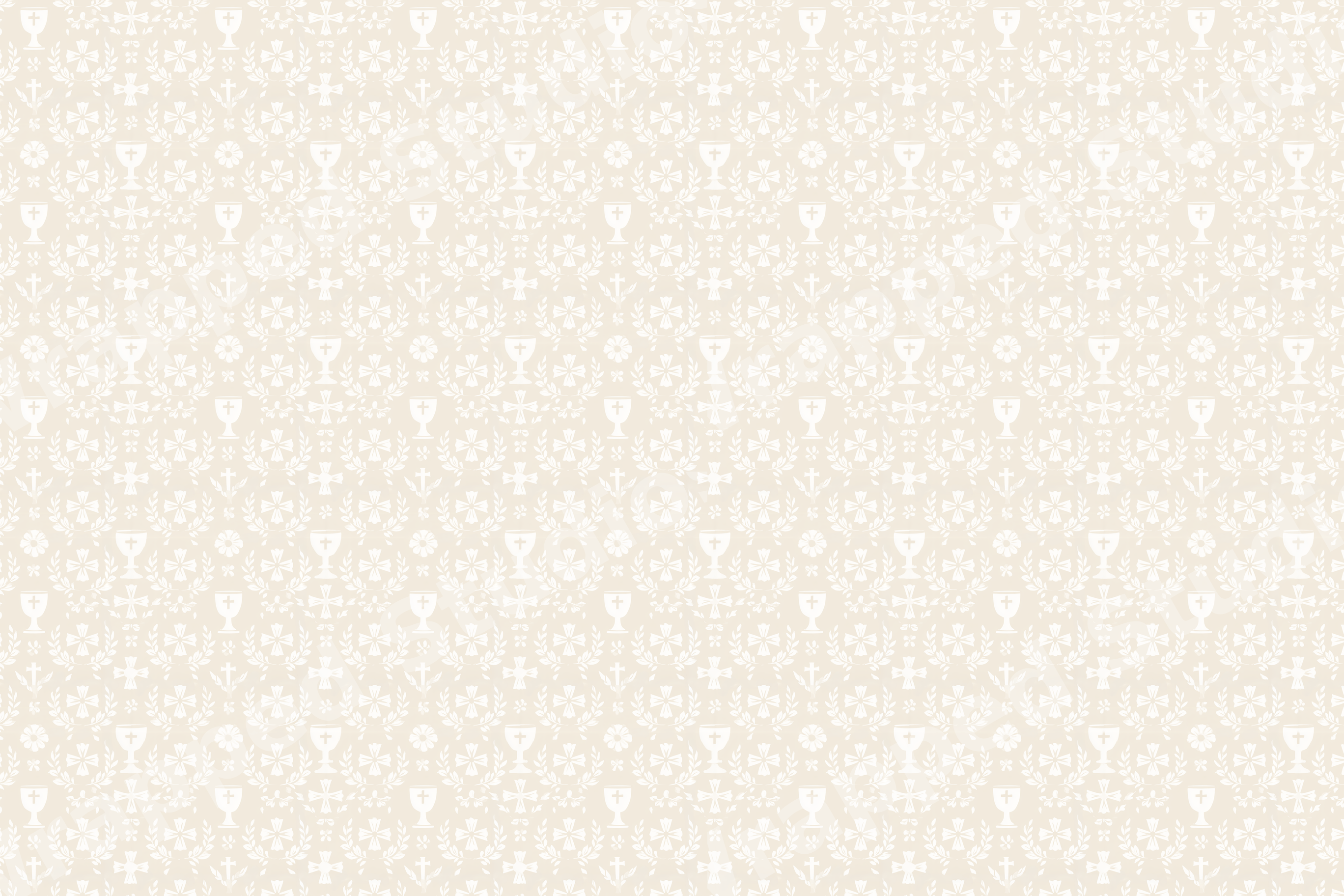 Elegant religious pattern with white crosses, chalices, and wreaths on a soft cream background.