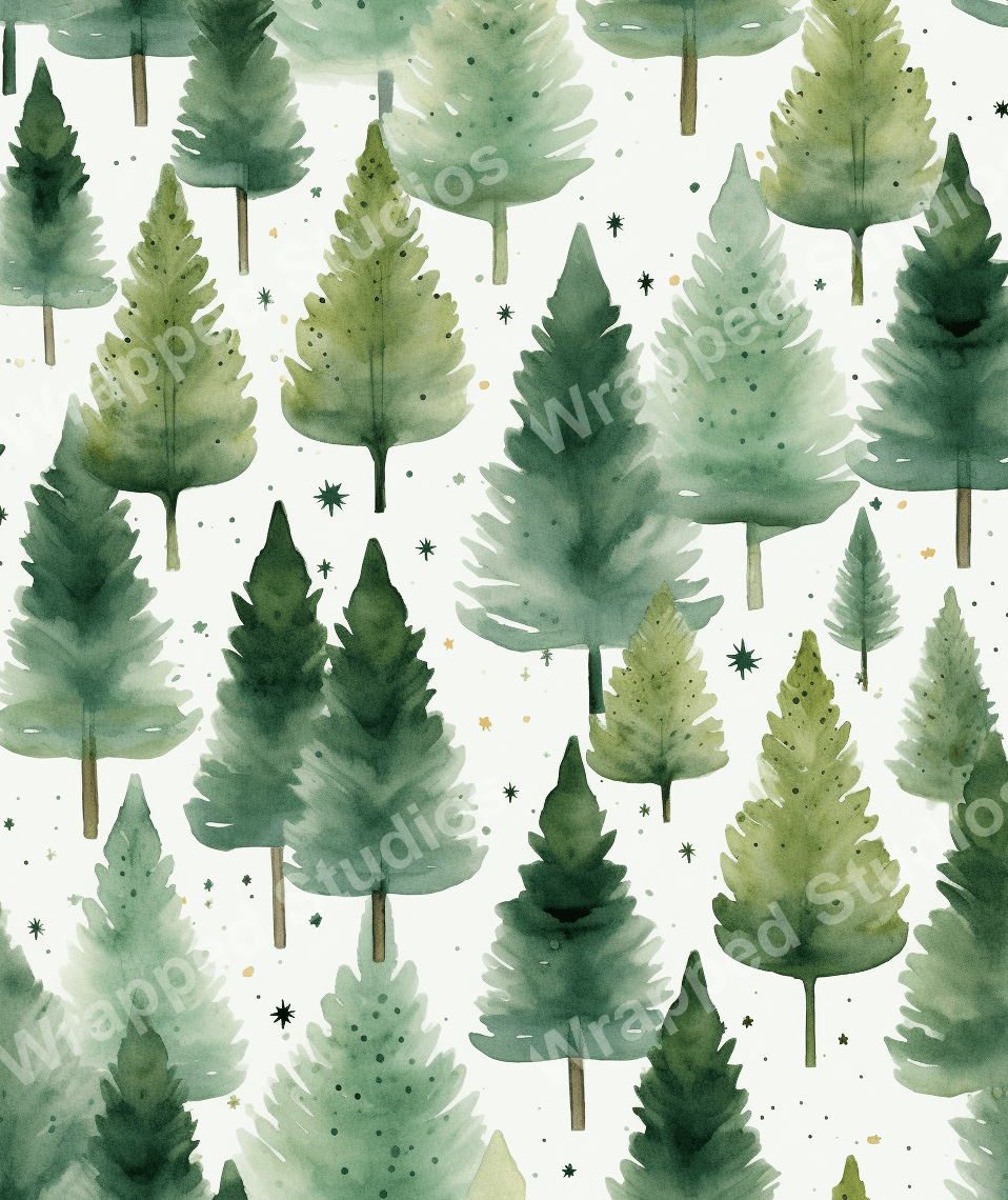 Seamless pattern of watercolor evergreen trees in shades of green with star details.