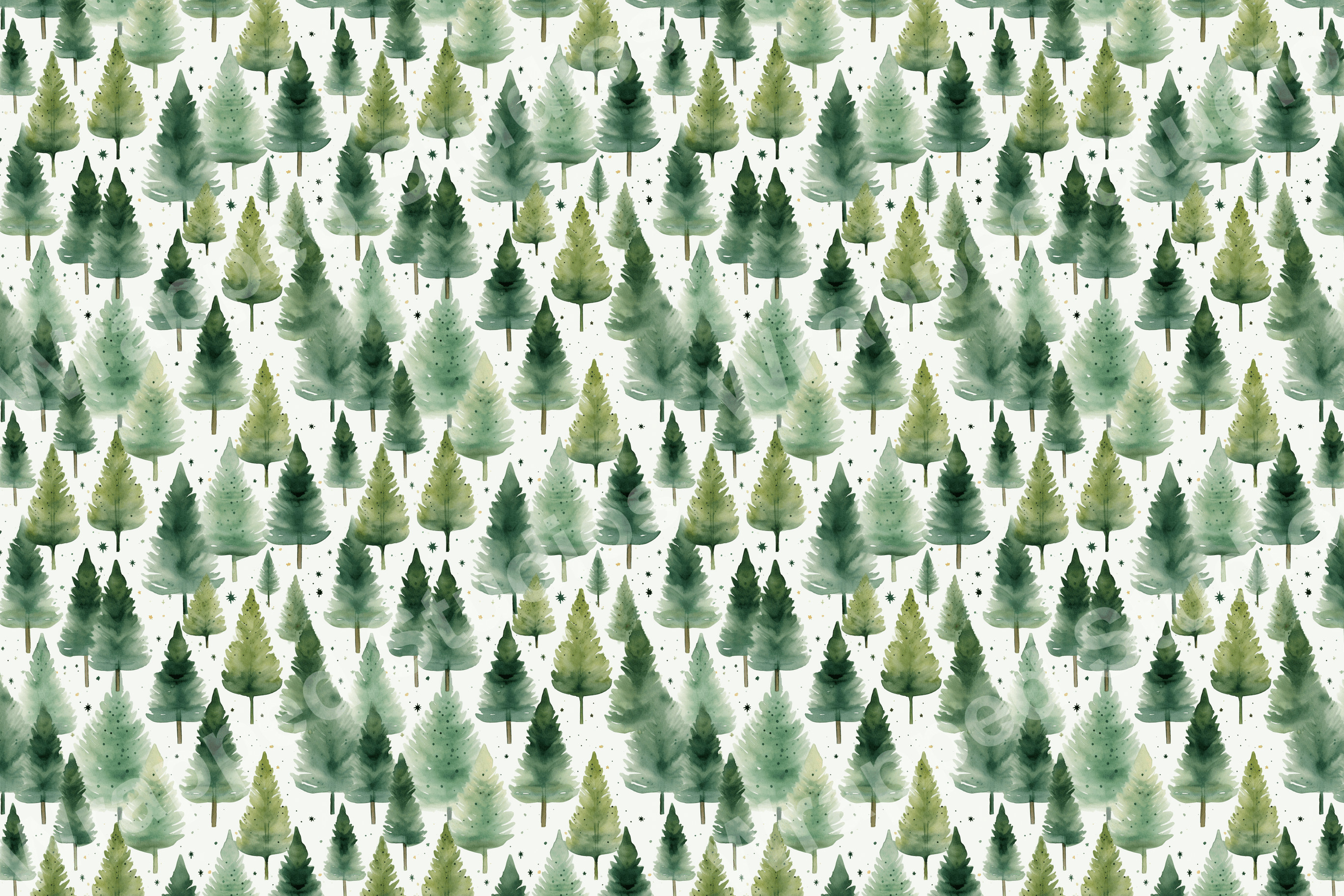 Watercolor pine tree pattern in shades of green with small stars, creating a festive holiday vibe.