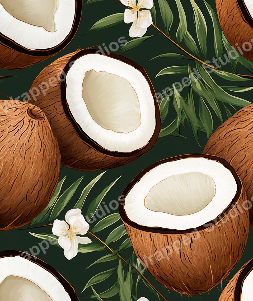 Lush tropical botanical pattern with brown coconuts, white flowers, and green palm leaves on a dark green background.
