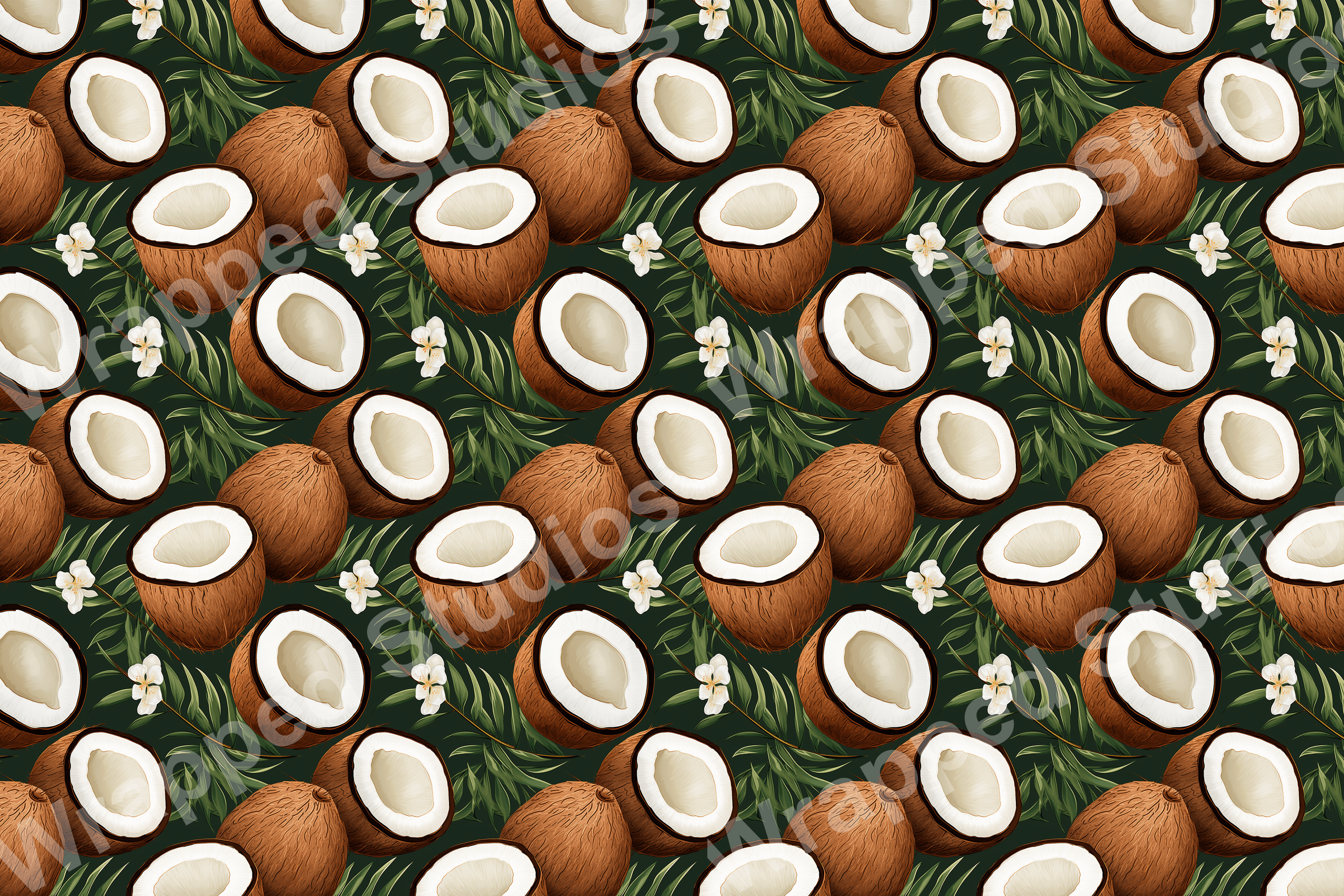 Exotic tropical pattern with whole and halved coconuts, lush green palm leaves, and white blossoms.