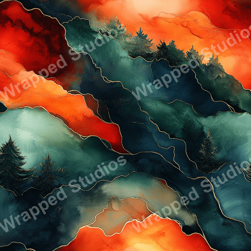 Abstract landscape pattern with watercolor textures, teal, red-orange hues, gold accents, and silhouetted evergreen trees.