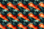 Seamless pattern of abstract mountain silhouettes with pine trees in orange, teal, and blue hues.