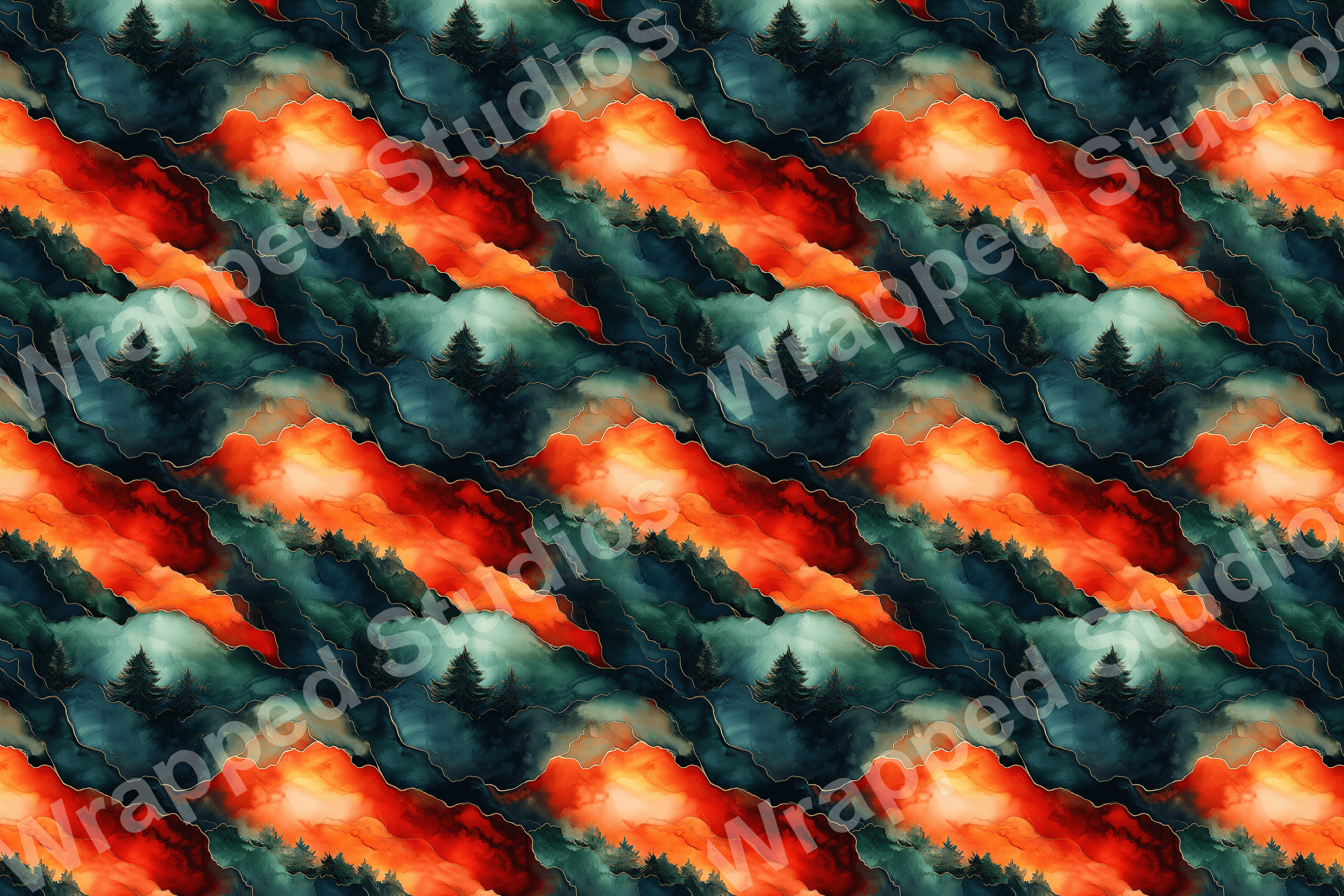 Seamless pattern of abstract mountain silhouettes with pine trees in orange, teal, and blue hues.