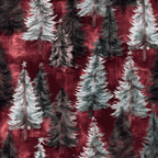 Vintage Christmas pine tree pattern with snowy evergreen trees on a deep red textured background.