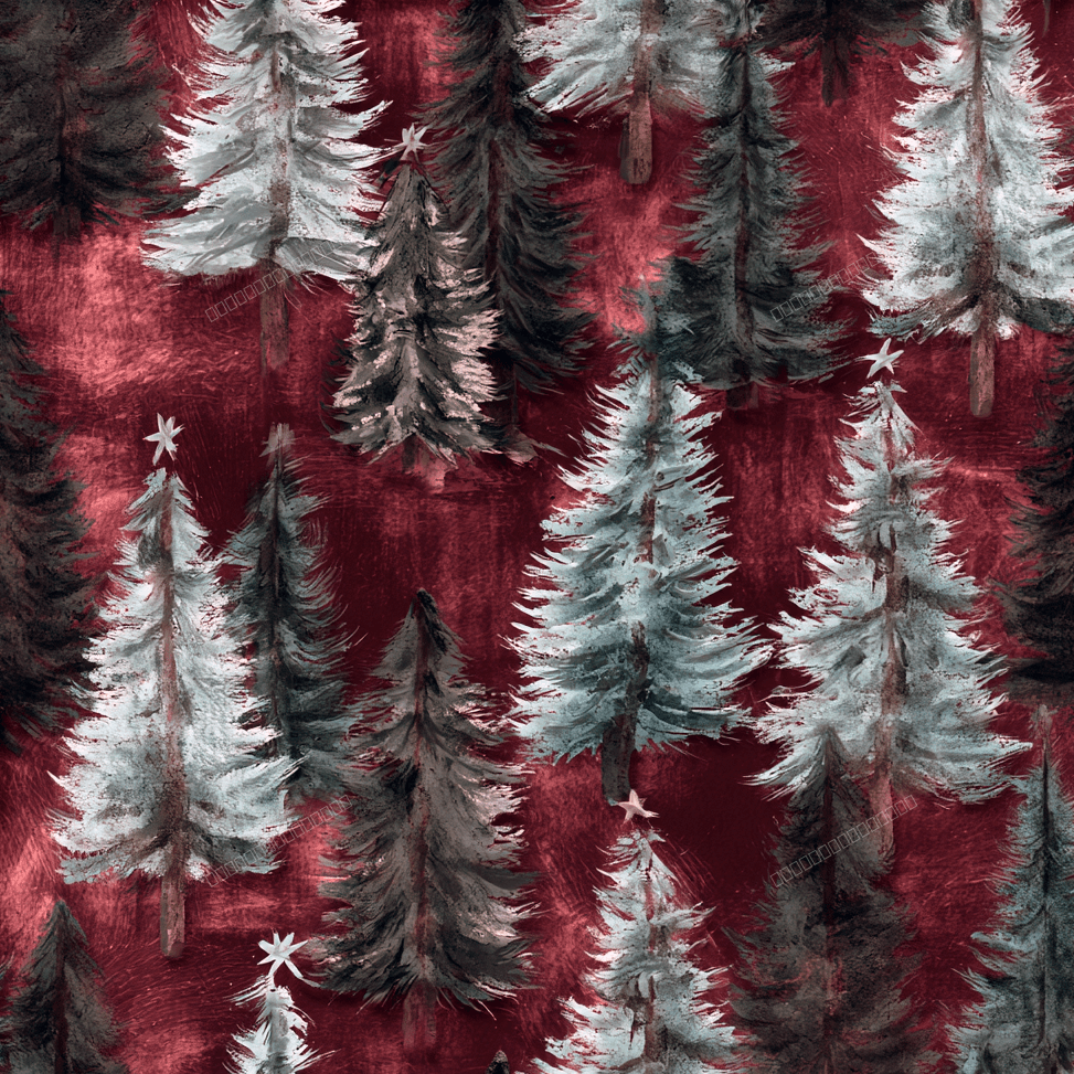 Vintage Christmas pine tree pattern with snowy evergreen trees on a deep red textured background.