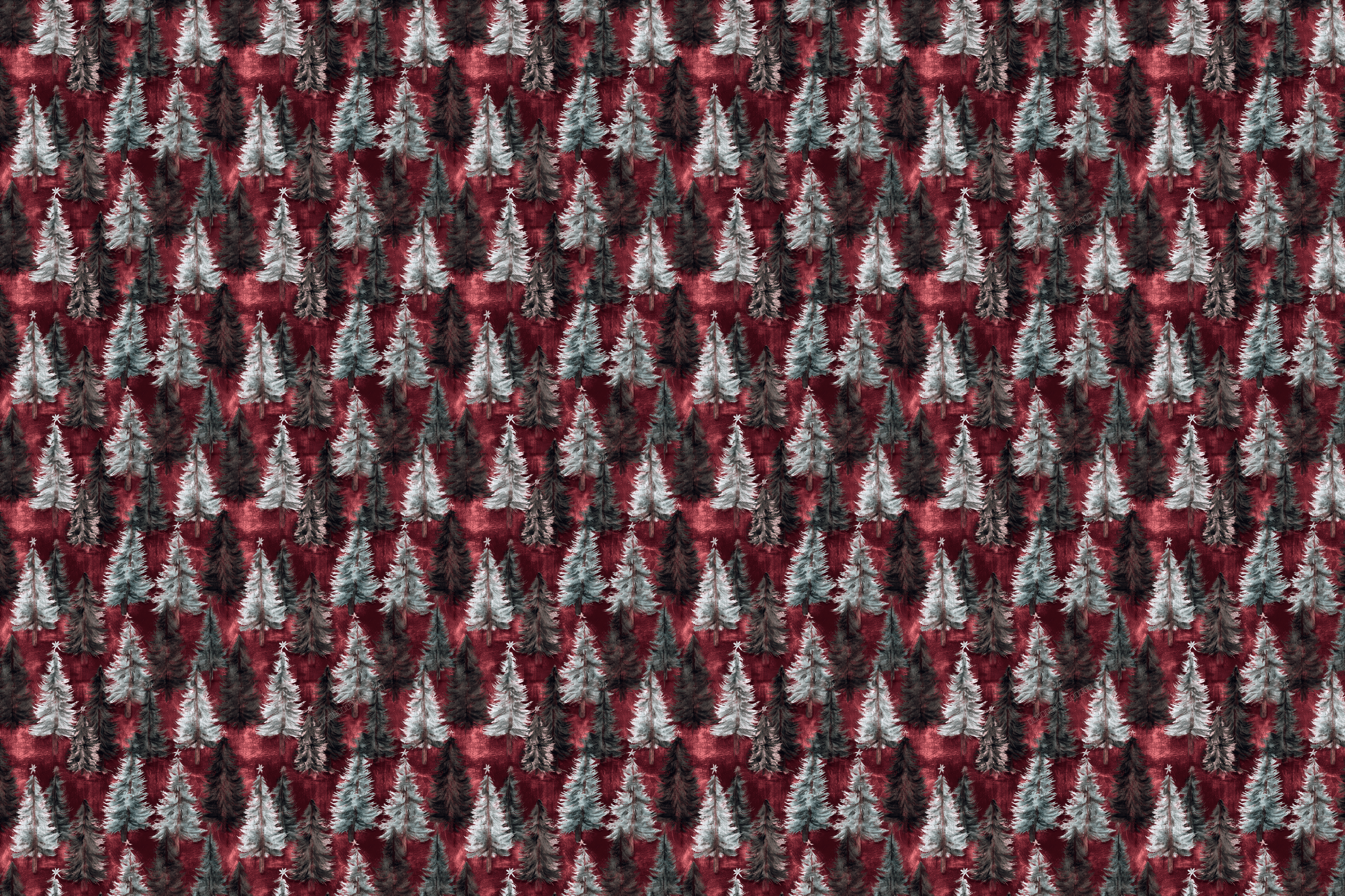 Vintage watercolor Christmas tree pattern with white and dark pine trees on a deep red background.