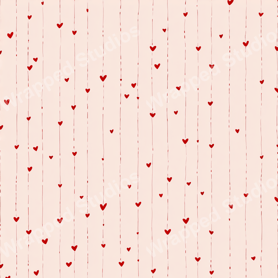 Playful seamless pattern with scattered red hearts and vertical pinstripes on a light pink background.