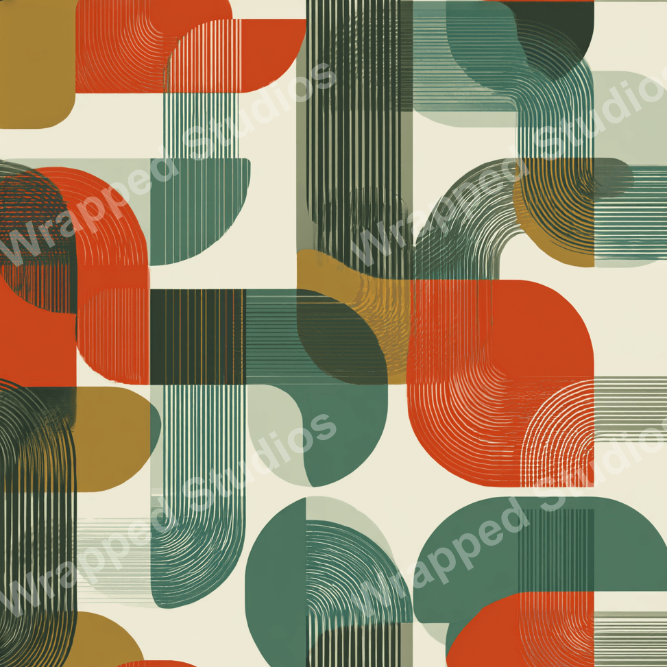 Modern geometric pattern with circles, lines, and semi-abstract shapes in red, green, and beige tones.
