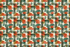 Retro geometric pattern with semi-circles, lines, and a mid-century modern aesthetic in orange, olive, and teal.