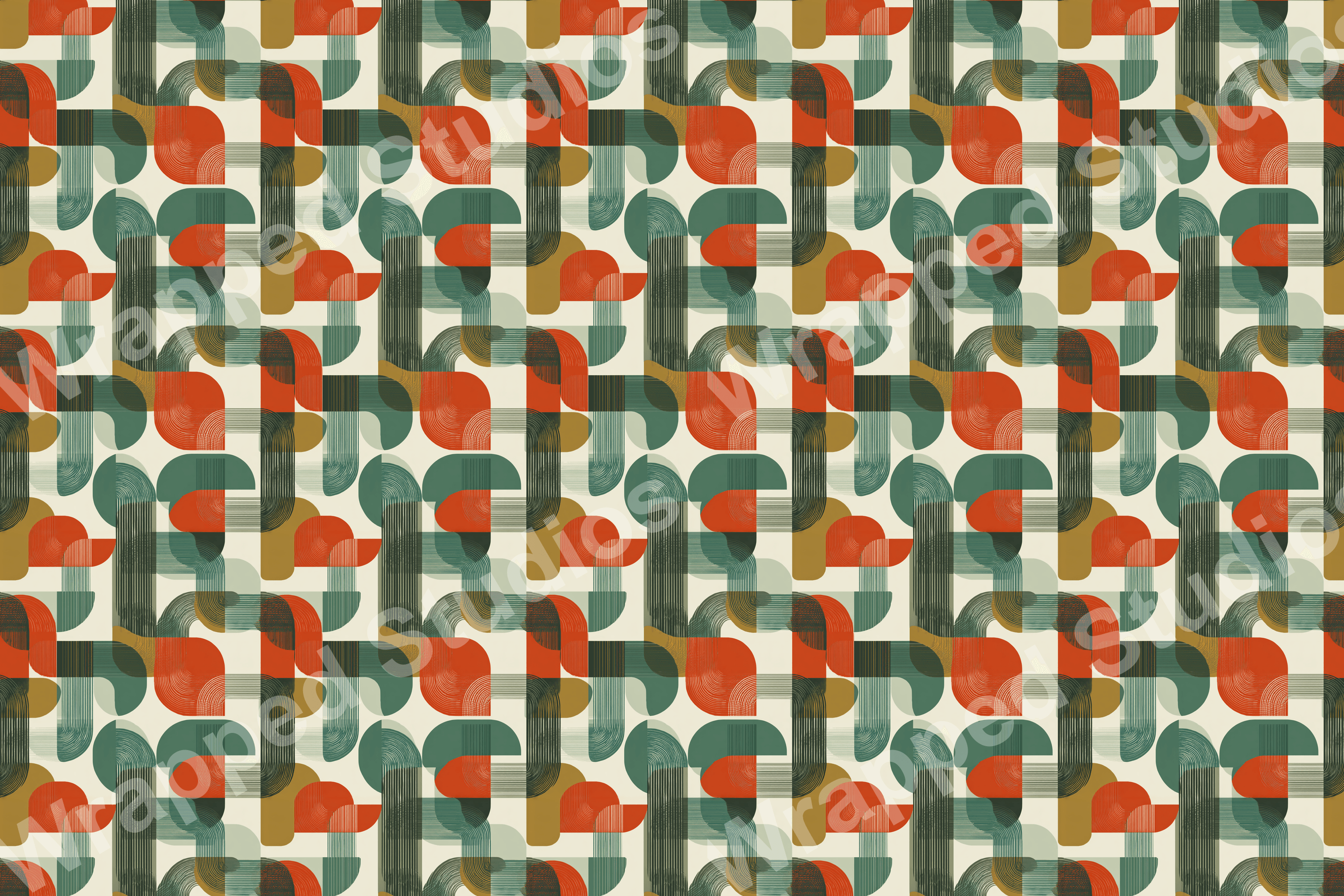 Retro geometric pattern with semi-circles, lines, and a mid-century modern aesthetic in orange, olive, and teal.