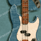 Vintage bass guitar pattern featuring retro blue electric guitars on a textured teal background.